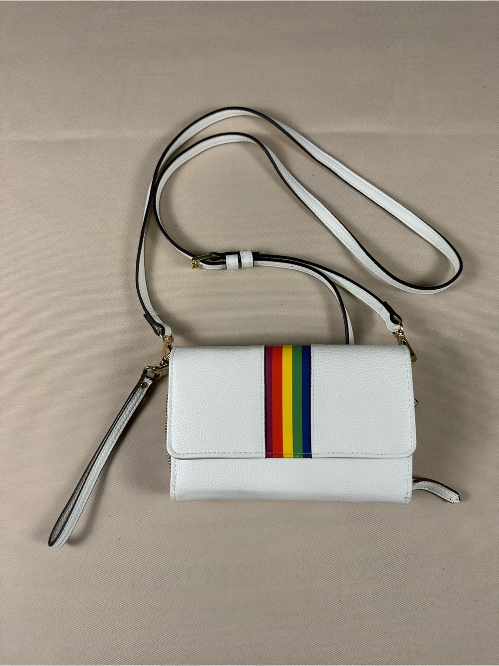 Kate Landry White Leather Rainbow Stripe Wallet Crossbody Bag